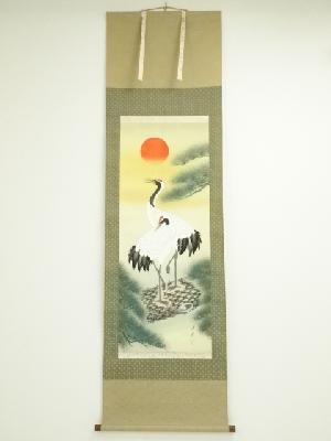 玉泉筆　松上双鶴　肉筆絹本掛軸（箱付）